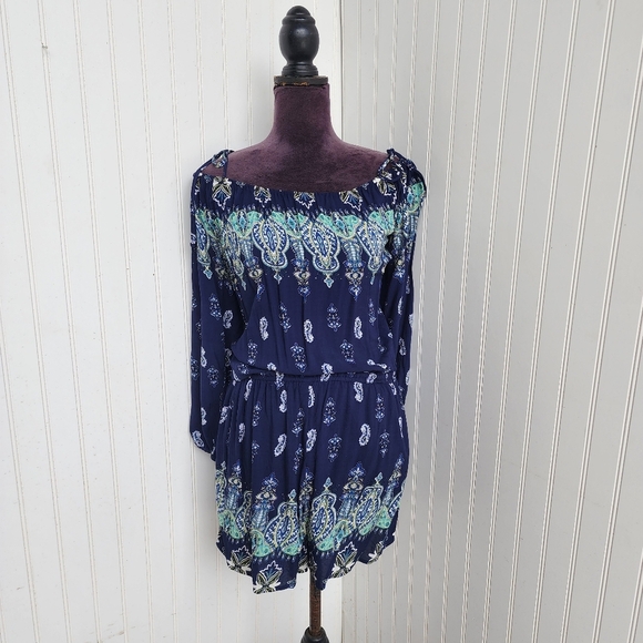 Kori America White Navy Blue Romper Off The Shoulder Tie Paisley Rayon Sz M - Picture 2 of 16